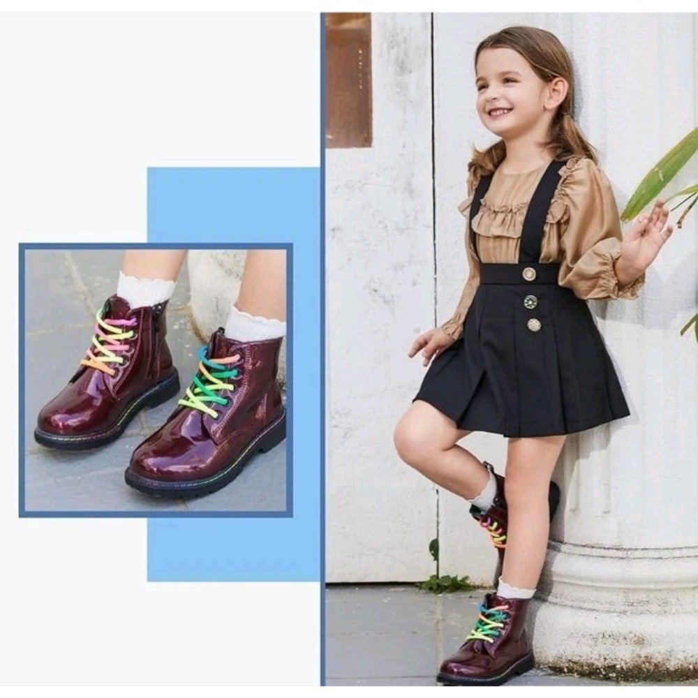 Hawkwell Girls Patent Burgundy Waterproof Boots SZ 11 Rainbow Color Shoe Laces